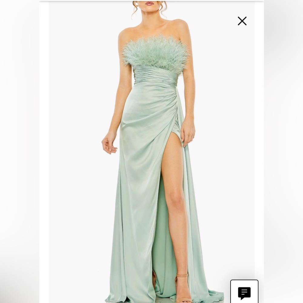 Mac Duggal Mint Green Feathered Strapless Maxi Dress
